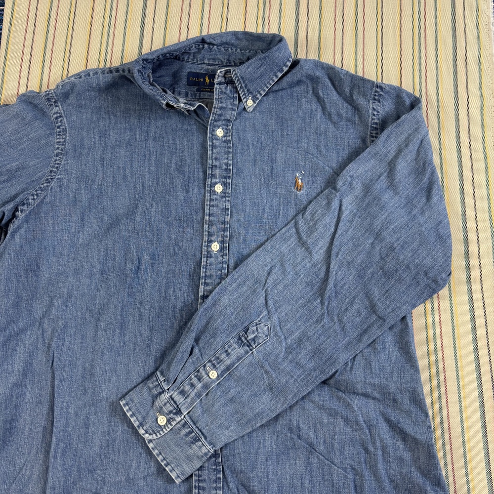 Ralph Lauren Shirt Mens XL Blue Chambray Long Sleeve Button Front Custom Fit EC